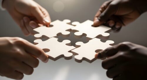 Diverse hands collaboratively connect four puzzle pieces, symbolizing teamwork and unity.